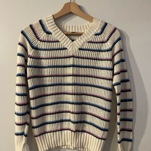 Striped V-Neck Sweater from LOFT - Cream, Blue, Pink